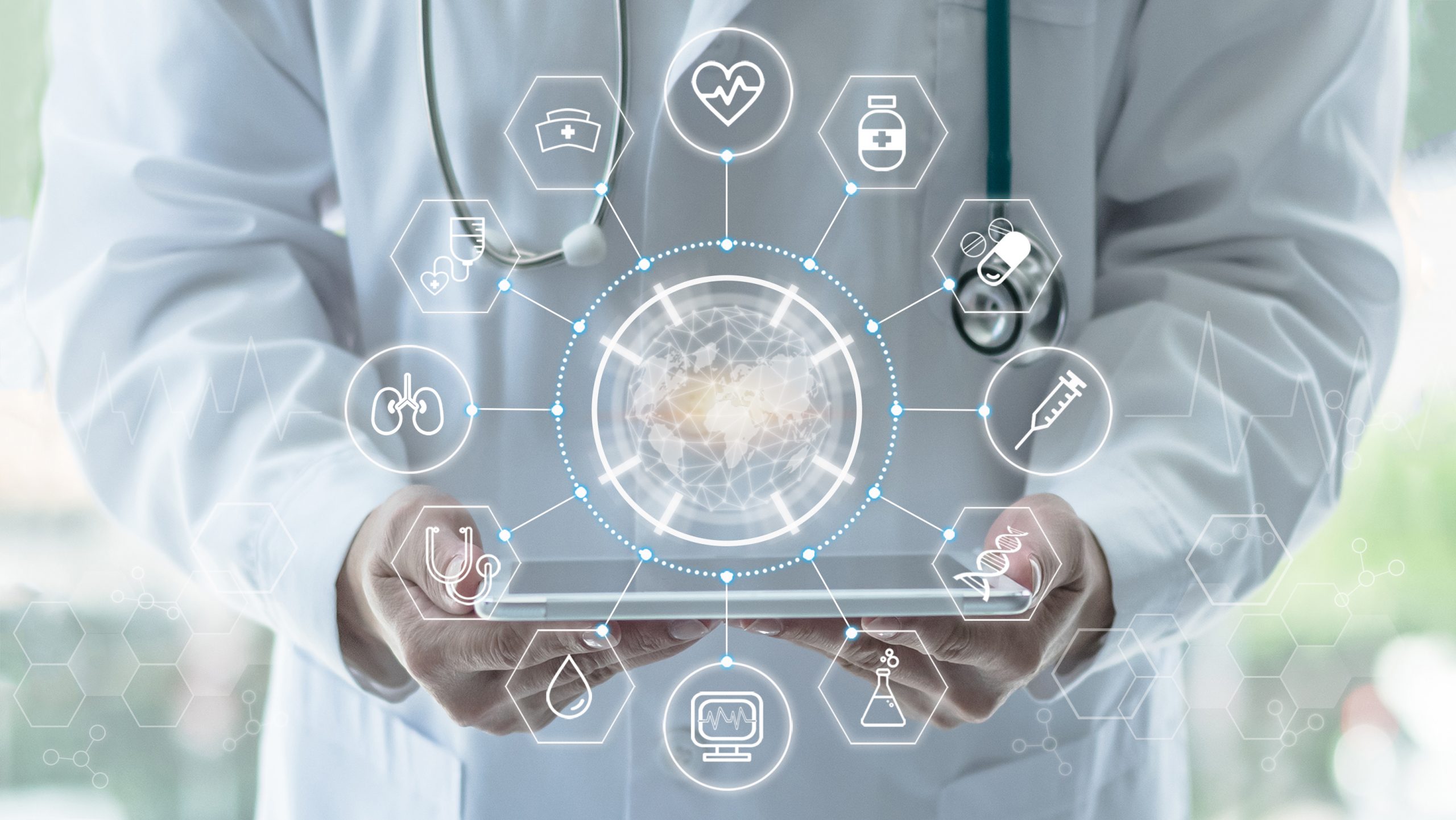 Medical tech science, innovative iot global healthcare ai technology, World health day with doctor on telehealth, telemedicine service analyzing online on EHR, EMR patient digital data on tablet in lab